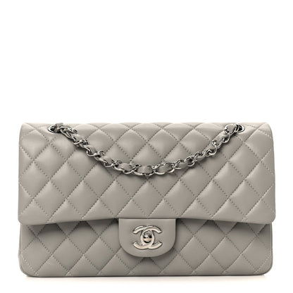 Lambskin Quilted Medium Double Flap Grey