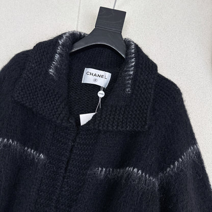CC Mohair Wool Fluffy Black and White Belt Cardigan