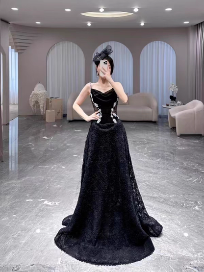 Glamorous Black Lace & Velvet Rhinestone Floral Spaghetti Strap Cowl Neck Evening Gown TP5289