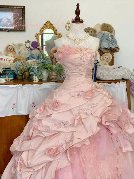 Elegant Pink 3D Flower Sweet 16 Quinceanera A-Line Floor-length Prom Dress Birthday Dress Evening Dress Ball Gown TP4421