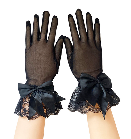 Breathable mesh gloves lace bow Hepburn style etiquette black French retro dress     S6267