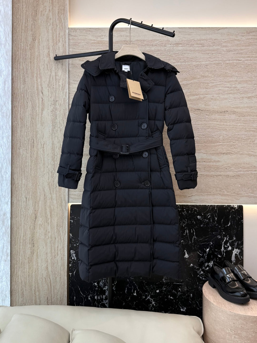Burberry 25 Double-Breasted Slim Fit Long Down Jacket Black Polyester