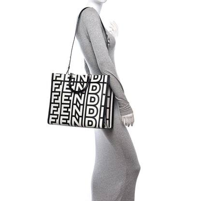 X MARC JACOBS Vitello King Logo Print Medium Fendi Sunshine Shopper Tote Black White