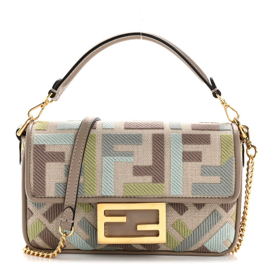 Canvas Vitello King Seta FF Embroidered Mini Baguette Matcha Milk Dove