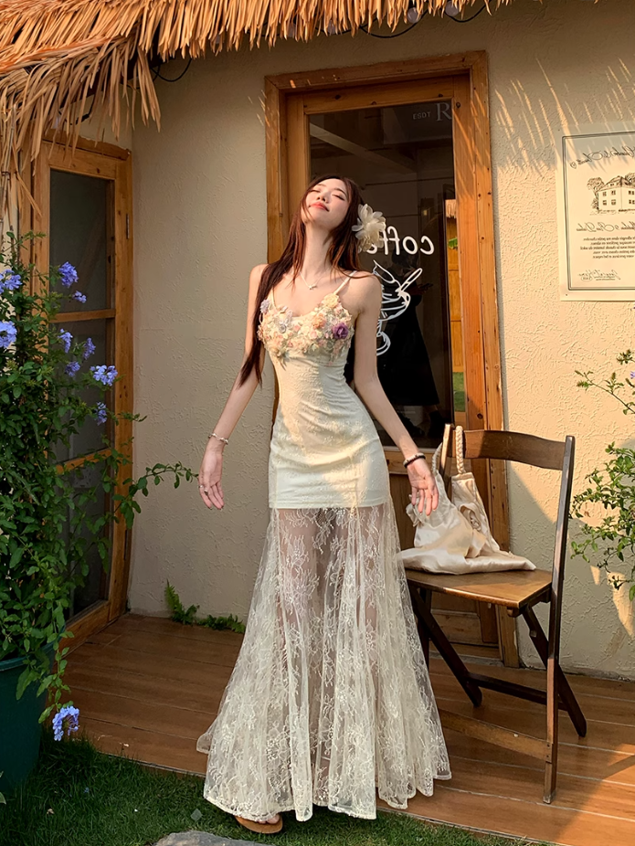 Fairy V-neck suspender dress heavy three-dimensional flower lace embroidery fishtail long skirt R1749