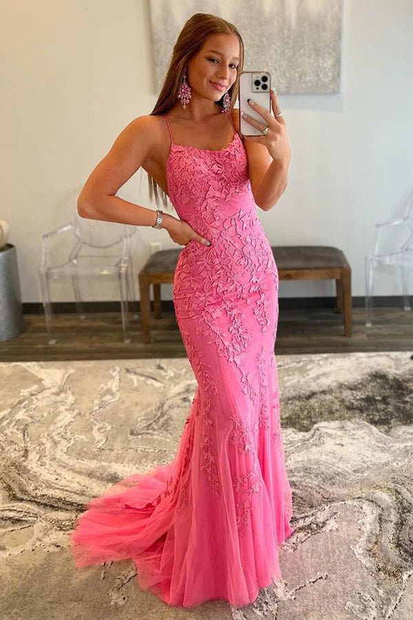 omberprom Mermaid Evening Dress Spaghetti Straps Lace Prom Dress