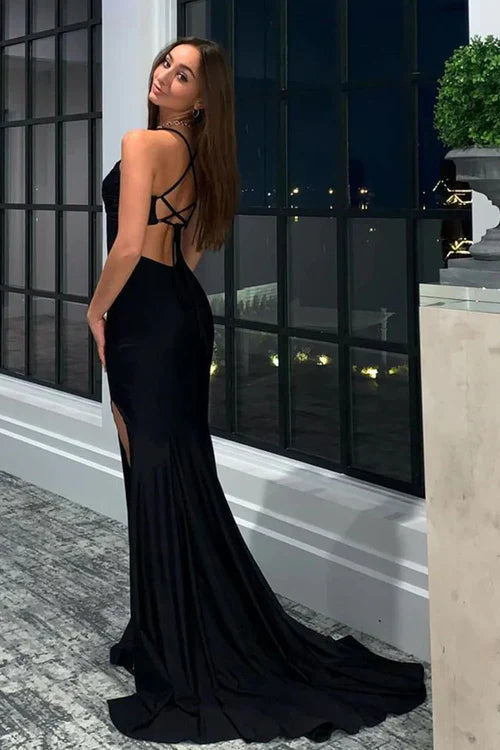 omberprom Fashion Mermaid Evening Dress Halter Neck Jersey Prom Dress with Slit