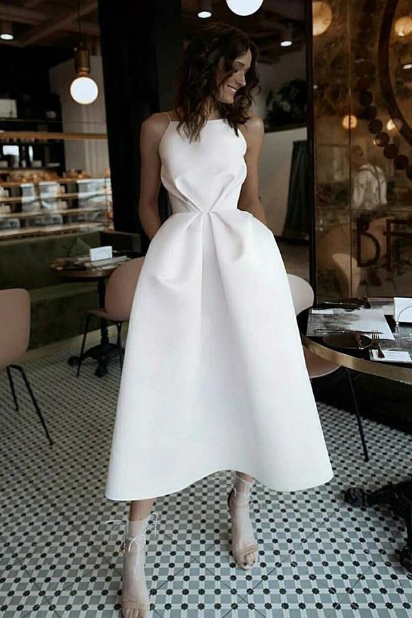 PM099,Unique Tea Length Satin Party Dress, Spaghetti Straps Backless Prom Dress