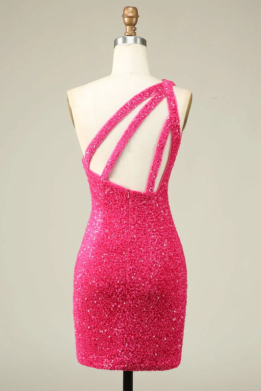 omberprom Homecoming Dress Classy Fuchsia One Shoulder Sequins Tight
