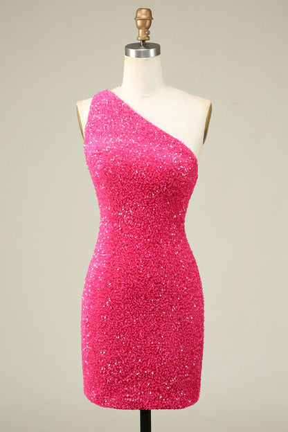 omberprom Homecoming Dress Classy Fuchsia One Shoulder Sequins Tight