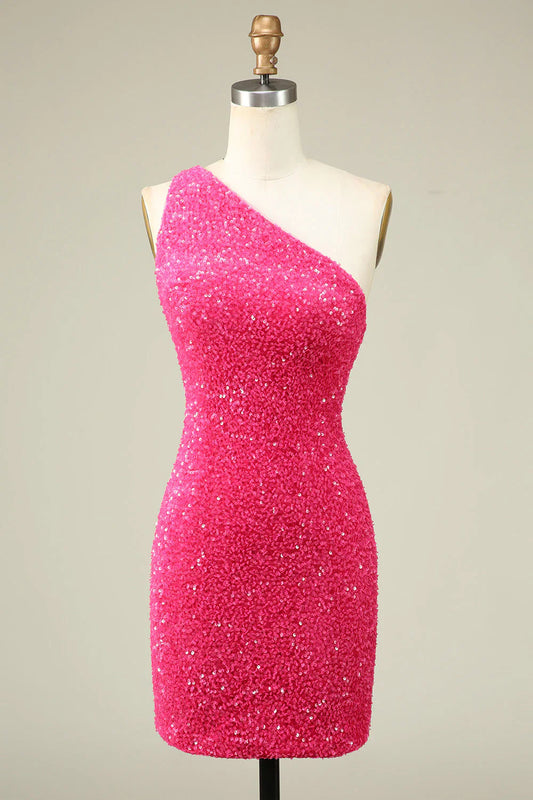 omberprom Homecoming Dress Classy Fuchsia One Shoulder Sequins Tight