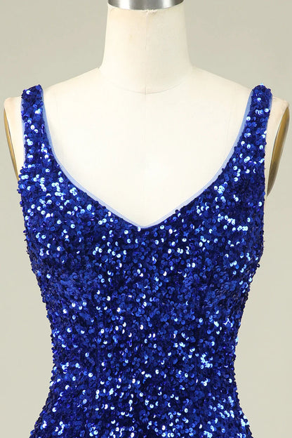 omberprom Short Homecoming Dress Classy Royal Blue Sheath V Neck Sequin Fitted