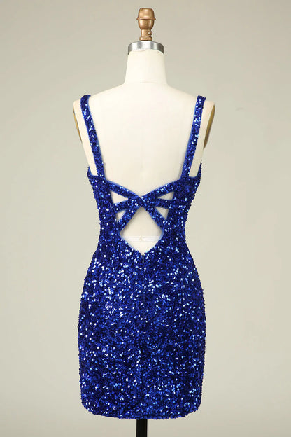 omberprom Short Homecoming Dress Classy Royal Blue Sheath V Neck Sequin Fitted