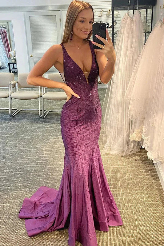 omberprom Elegant Mermaid Evening Dress V-neck Beaded Long Prom Dress Sexy Party Dress