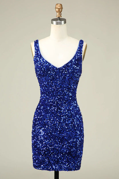 omberprom Short Homecoming Dress Classy Royal Blue Sheath V Neck Sequin Fitted