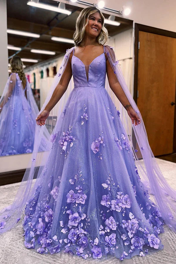 omberprom Lavender Evening Dress 3D Floral Lace A-Line Prom Dress with Cape Sleeves