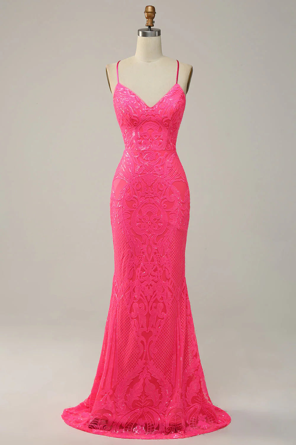 omberprom Long Prom Dress Hot Pink Mermaid Spaghetti Straps Sequined Evening Dress