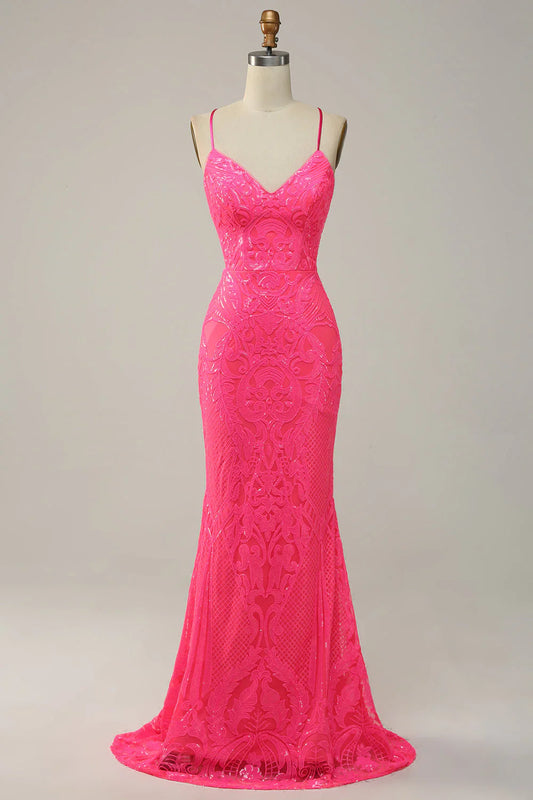 omberprom Long Prom Dress Hot Pink Mermaid Spaghetti Straps Sequined Evening Dress