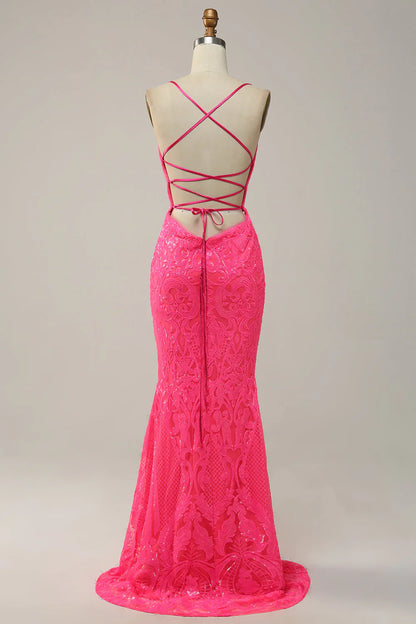 omberprom Long Prom Dress Hot Pink Mermaid Spaghetti Straps Sequined Evening Dress