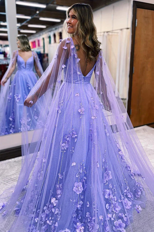 omberprom Lavender Evening Dress 3D Floral Lace A-Line Prom Dress with Cape Sleeves