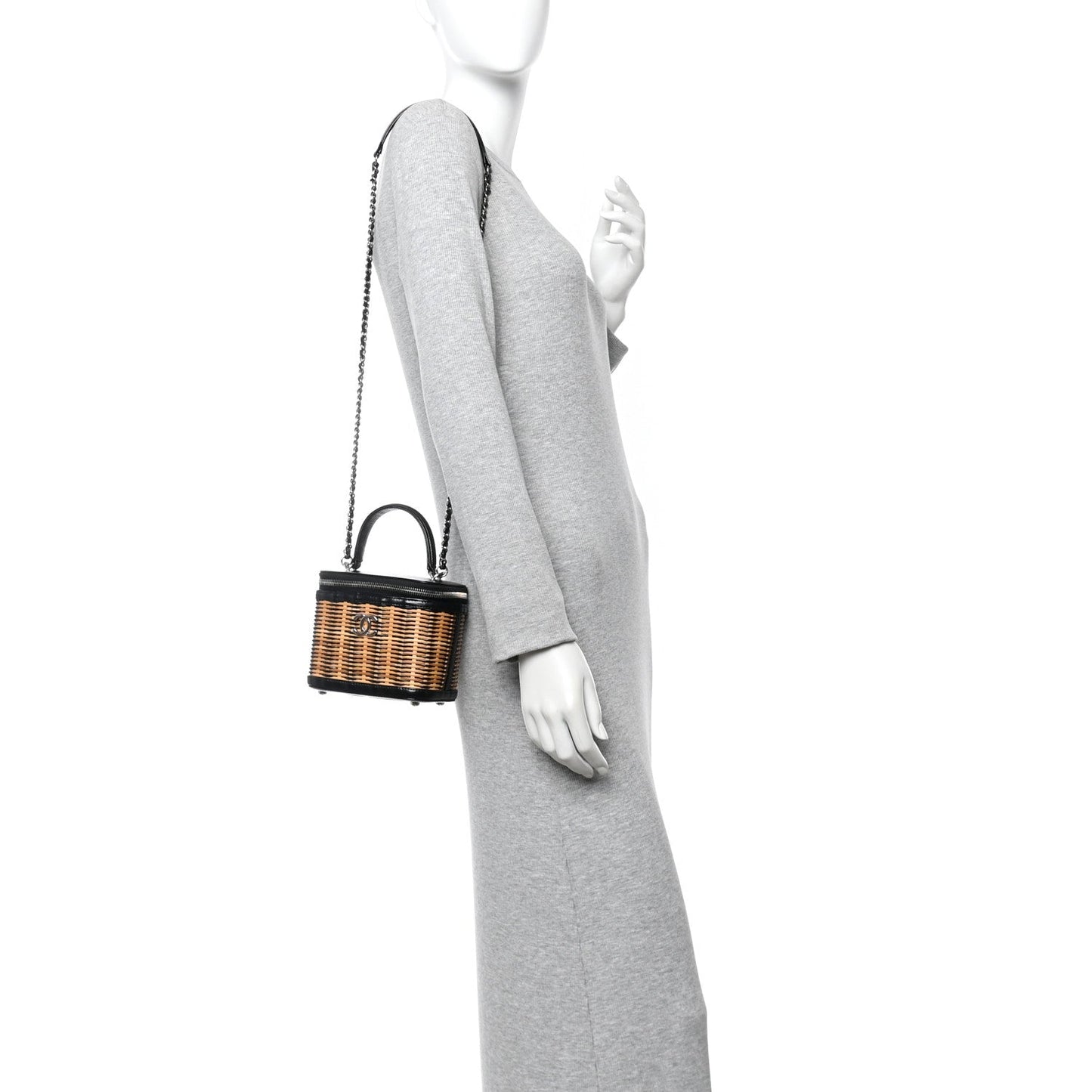 Calfskin Raffia Small Vanity Case Bag Black Beige