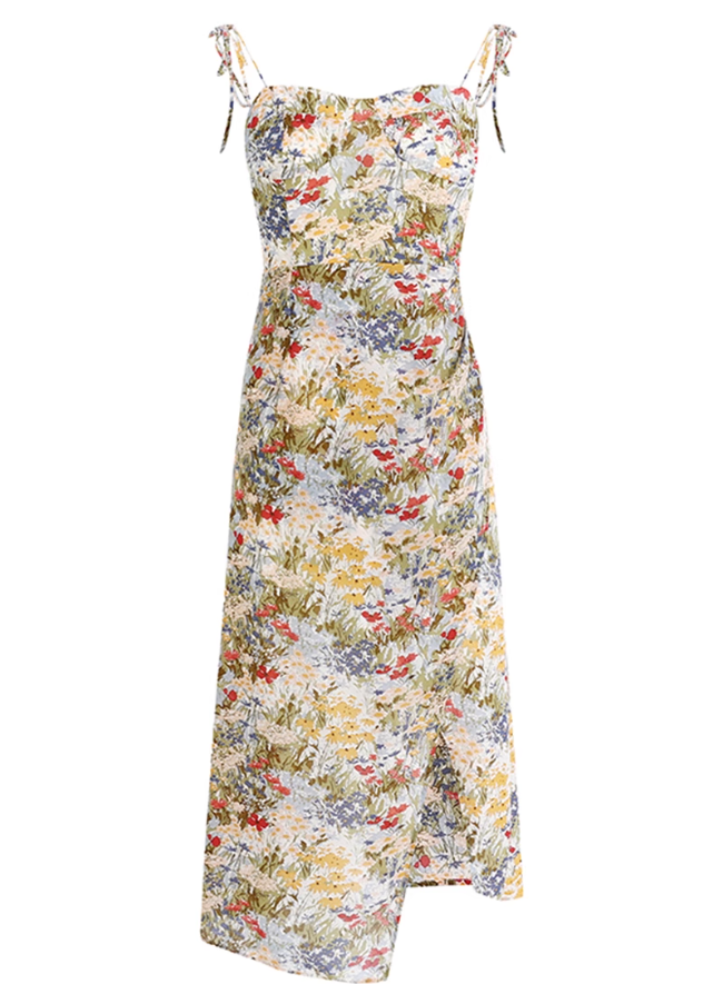 2025 summer new high waist oil painting slim waist floral holiday suspender dress R0931