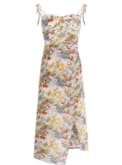 2025 summer new high waist oil painting slim waist floral holiday suspender dress R0931