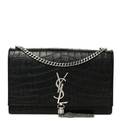 Calfskin Crocodile Embossed Medium Classic Monogram Kate Tassel Satchel Black