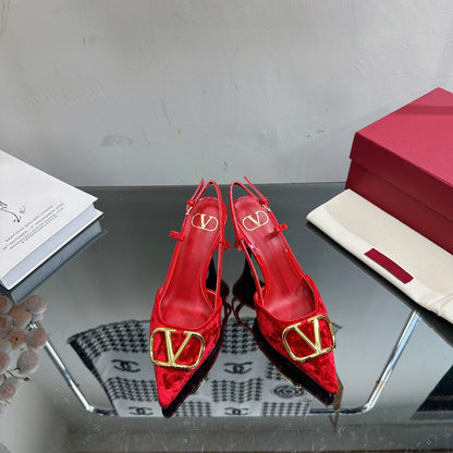 Vlogo Signature Slingback Red Calfskin and Velvet