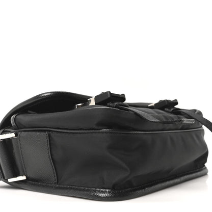 Re-Nylon Saffiano Pocket Double Snap Buckle Messenger Shoulder Bag Black