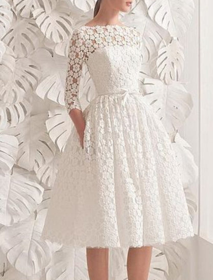 omberprom Reception Little Dresses Wedding Dresses A-Line Scoop Neck 3/4 Length Sleeve Knee Length Lace Bridal Gowns With Sashes / Ribbons Appliques
