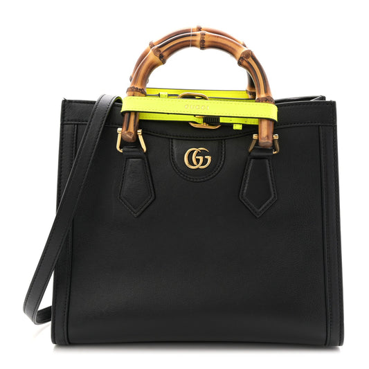 Calfskin Small Diana Tote Bag Black Yellow Fluo