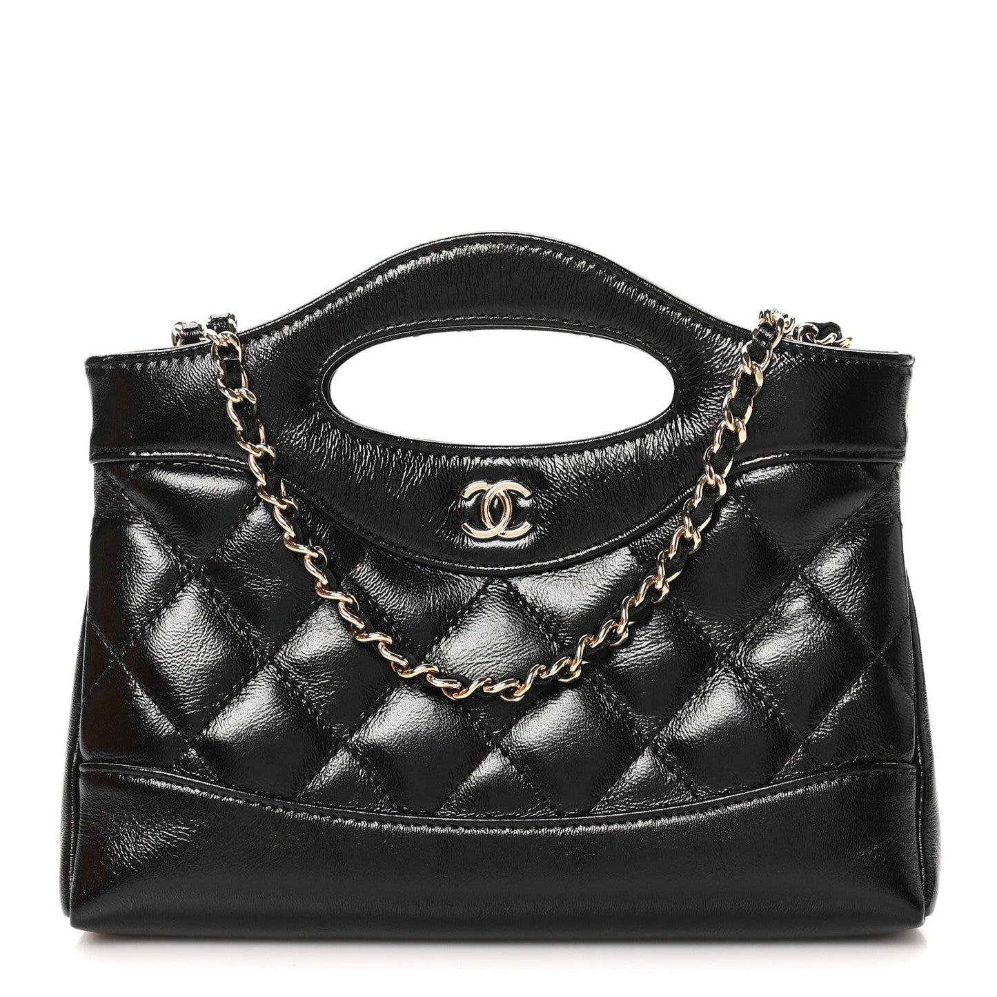 Shiny Crumpled Calfskin Quilted Nano 31 Shopping Bag Black