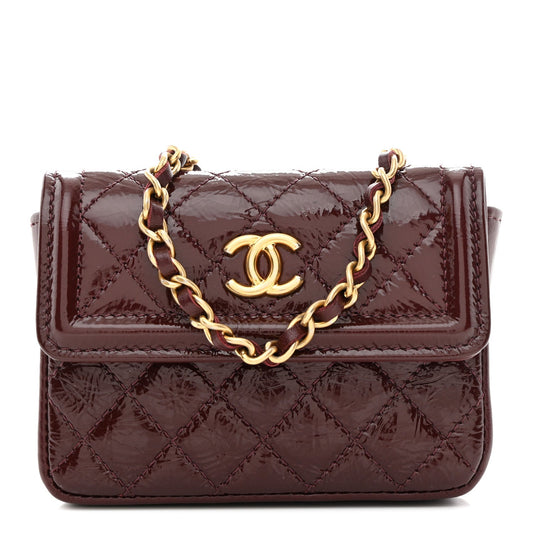 Shiny Aged Calfskin Quilted Waist Belt Bag Burgundy
