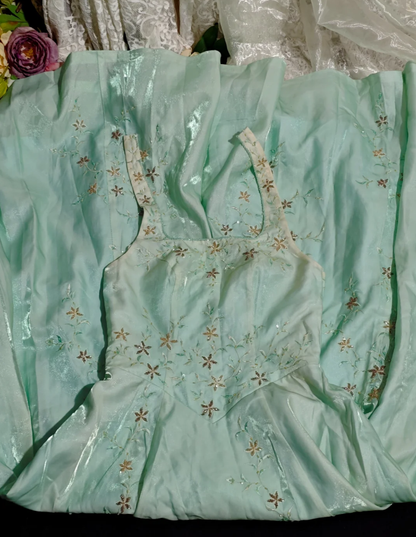 Chic Mint Green Halter Satin Tulle Embroidery Beaded Long Party Dress Evening Gown