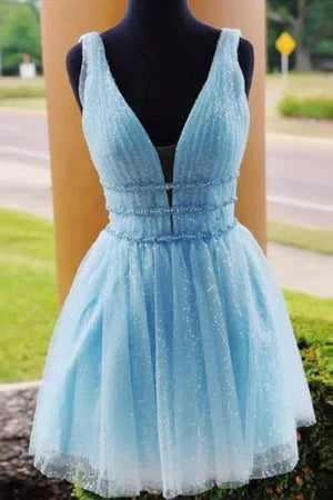 omberprom A Line Graduation Dresses Tulle V Neck Homecoming Dress With Beading