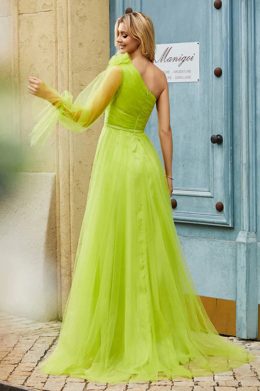 omberprom Elegant Evening Dress Floral Lime-Green Prom Dresses One Shoulder Pleated Tulle Long Dress