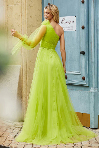 omberprom Elegant Evening Dress Floral Lime-Green Prom Dresses One Shoulder Pleated Tulle Long Dress