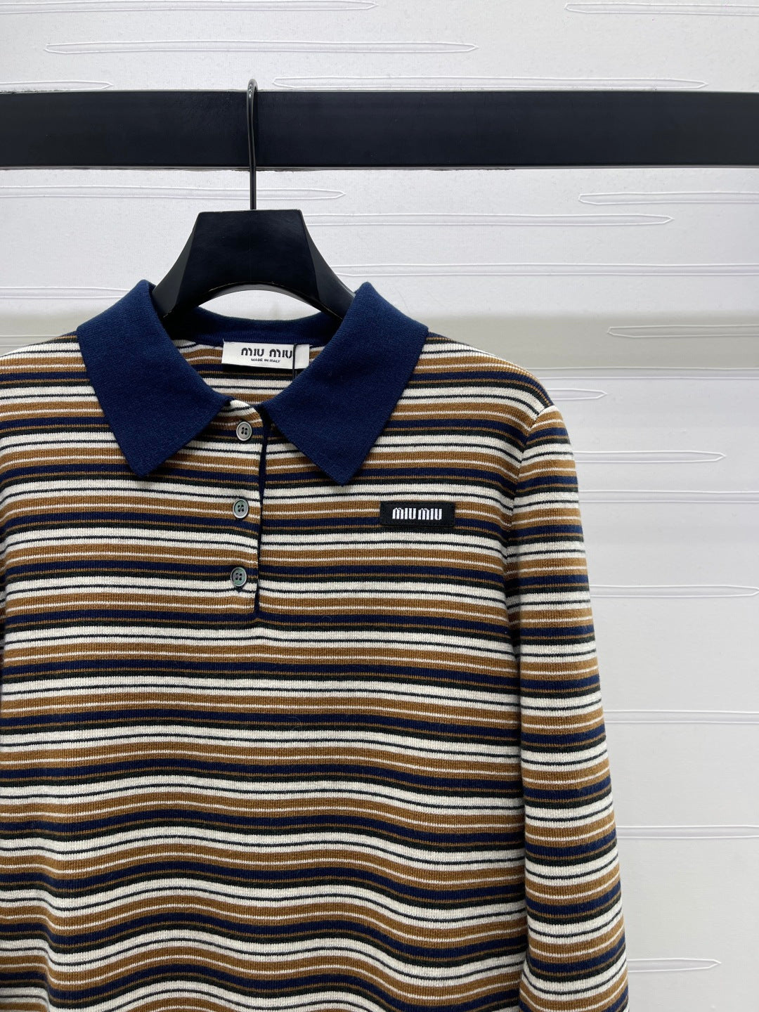 Miu Miu Striped Logo Polo Shirt beige and brown virgin wool 340970