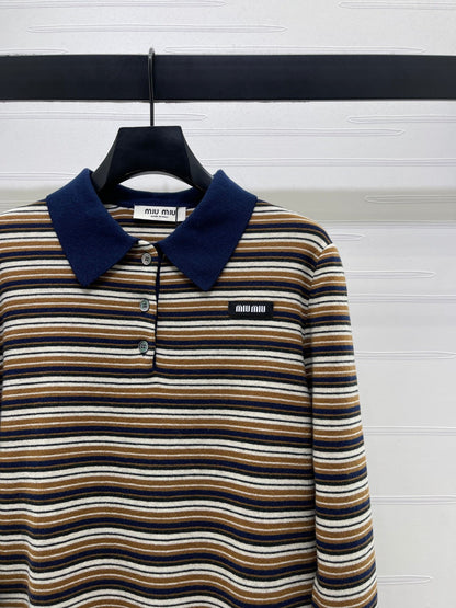 Miu Miu Striped Logo Polo Shirt beige and brown virgin wool 340970