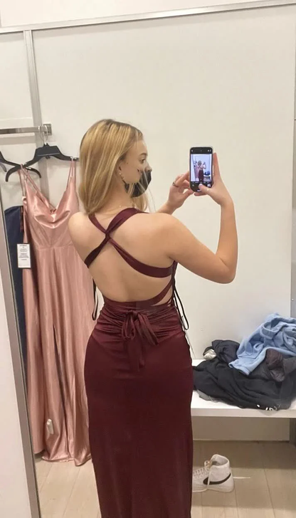 Simple Burgundy V Neck Long Party Dress Formal Prom Dress Y7537
