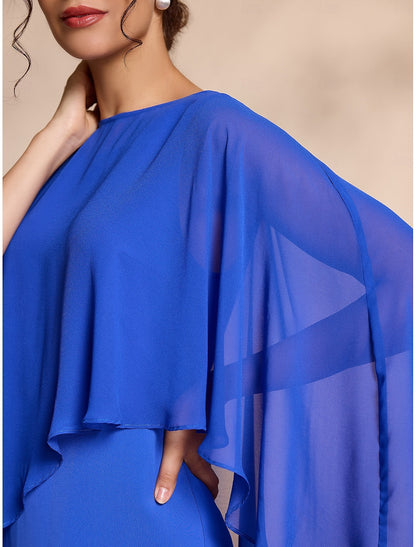 omberprom Elegant Blue Chiffon Causal Round Sleeve Mother of the Bride Dress Wedding Guest Dress Party Dress