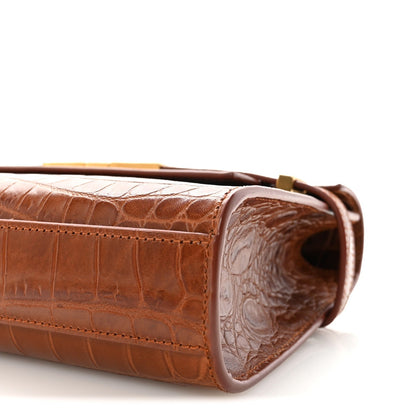 Shiny Calfskin Crocodile Embossed Small Manhattan Baguette Dark Caramel