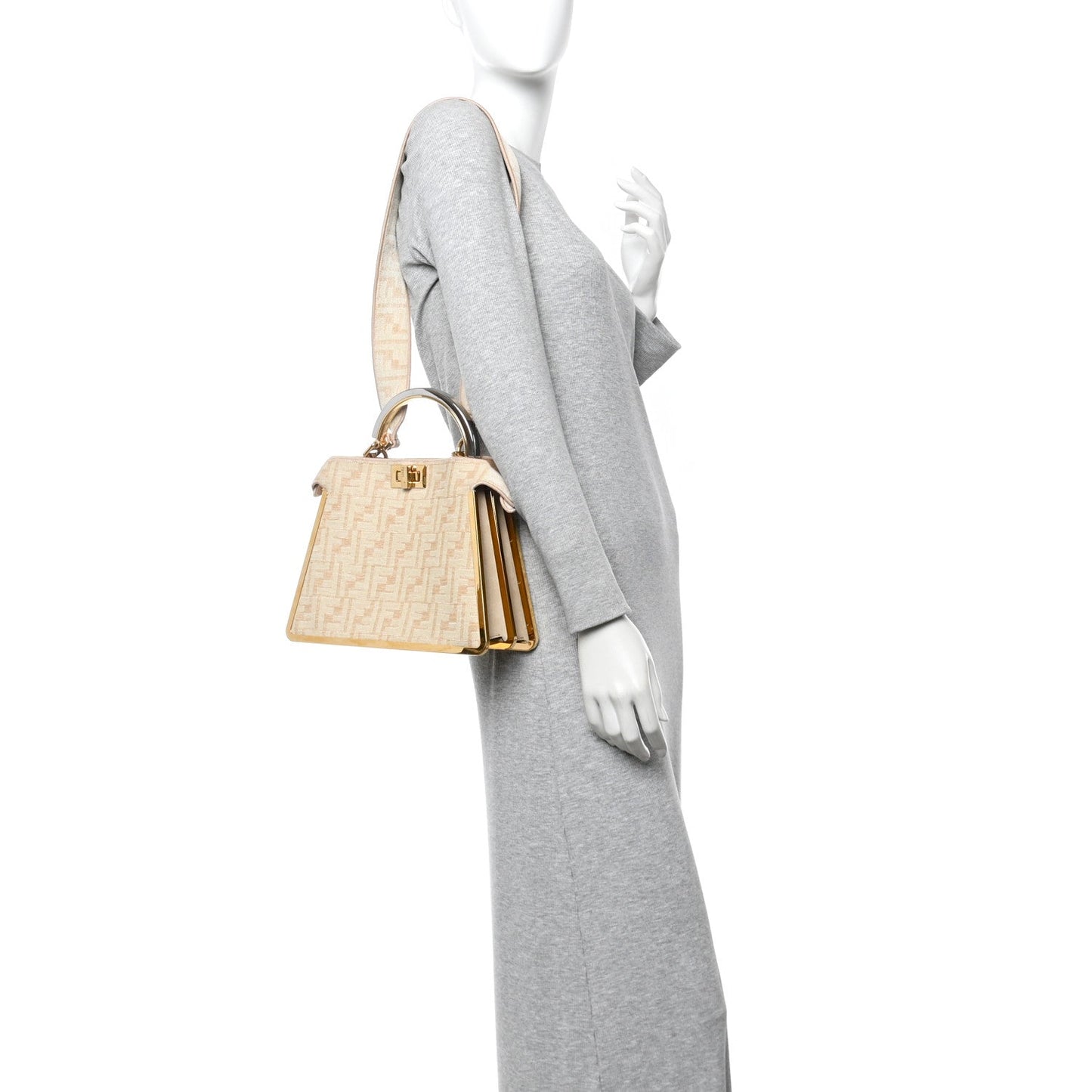 Chenille Suede Metal FF Small Peekaboo I SEE U Satchel Beige White