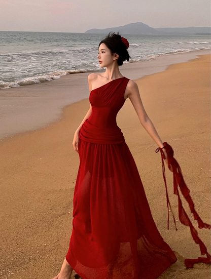 Fairy red off-shoulder dress with slim waist and long swing chiffon dress for holiday R1743