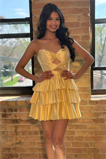 Sparkly A-Line Beaded Tiered Mini Hoco Dress with Cutout Bodice and Lace-Up Back