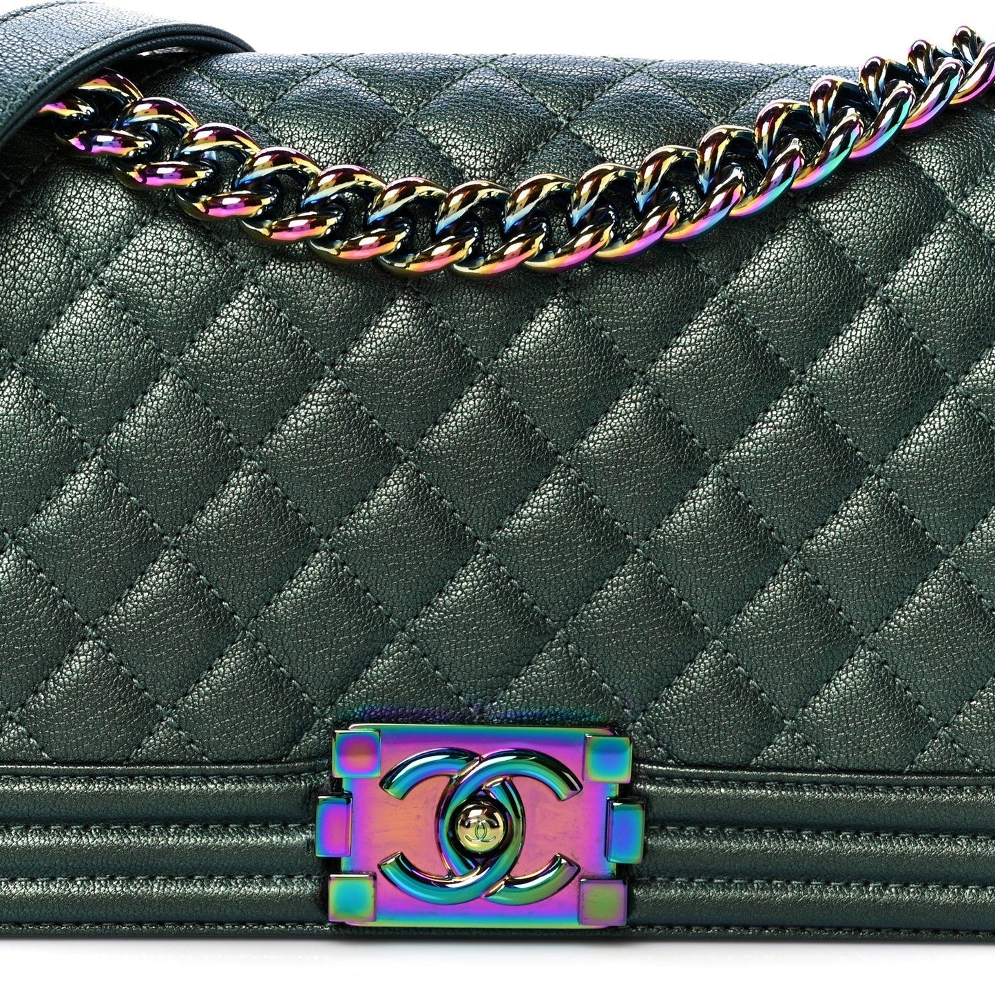 Iridescent Goatskin Quilted Medium Boy Flap Green