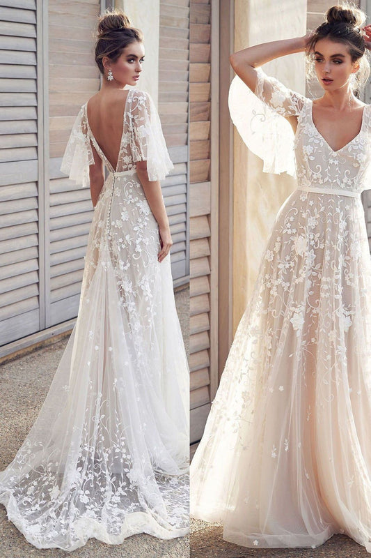Popular White Lace Open Back Wedding Gown With Cap Sleeves