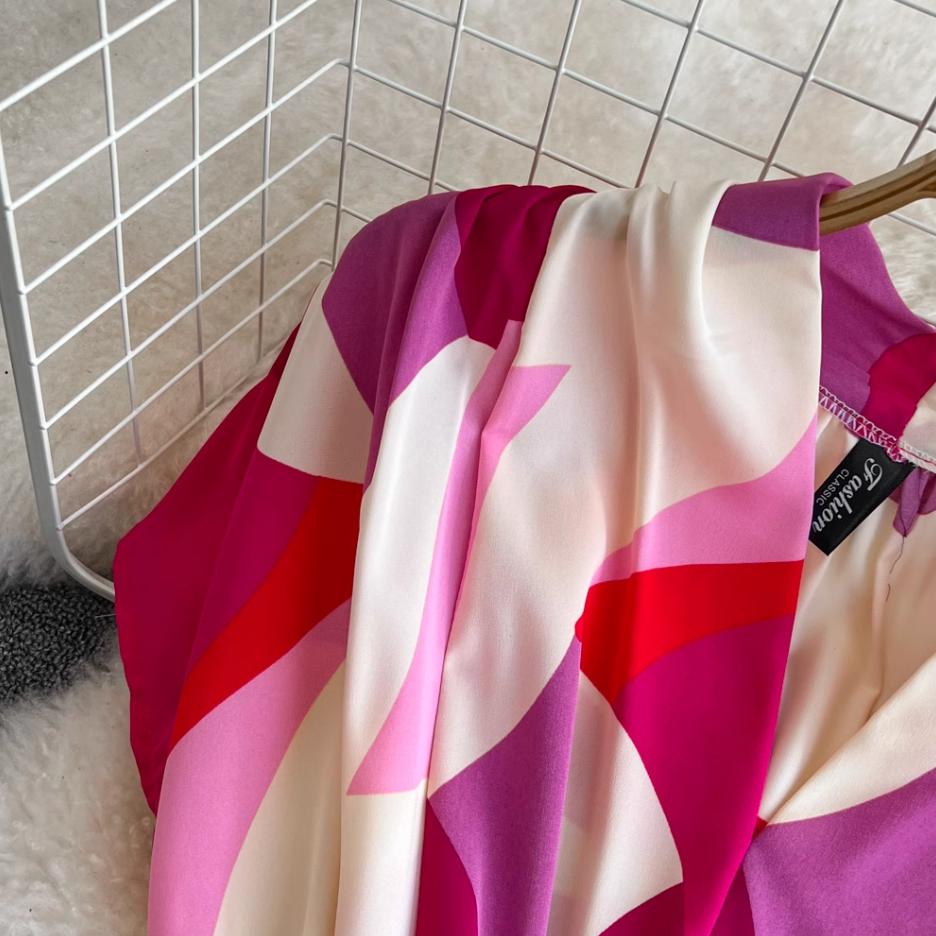Beach vacation long dress gentle style short sleeves V-neck waist medium length A-line plaid dress R0358