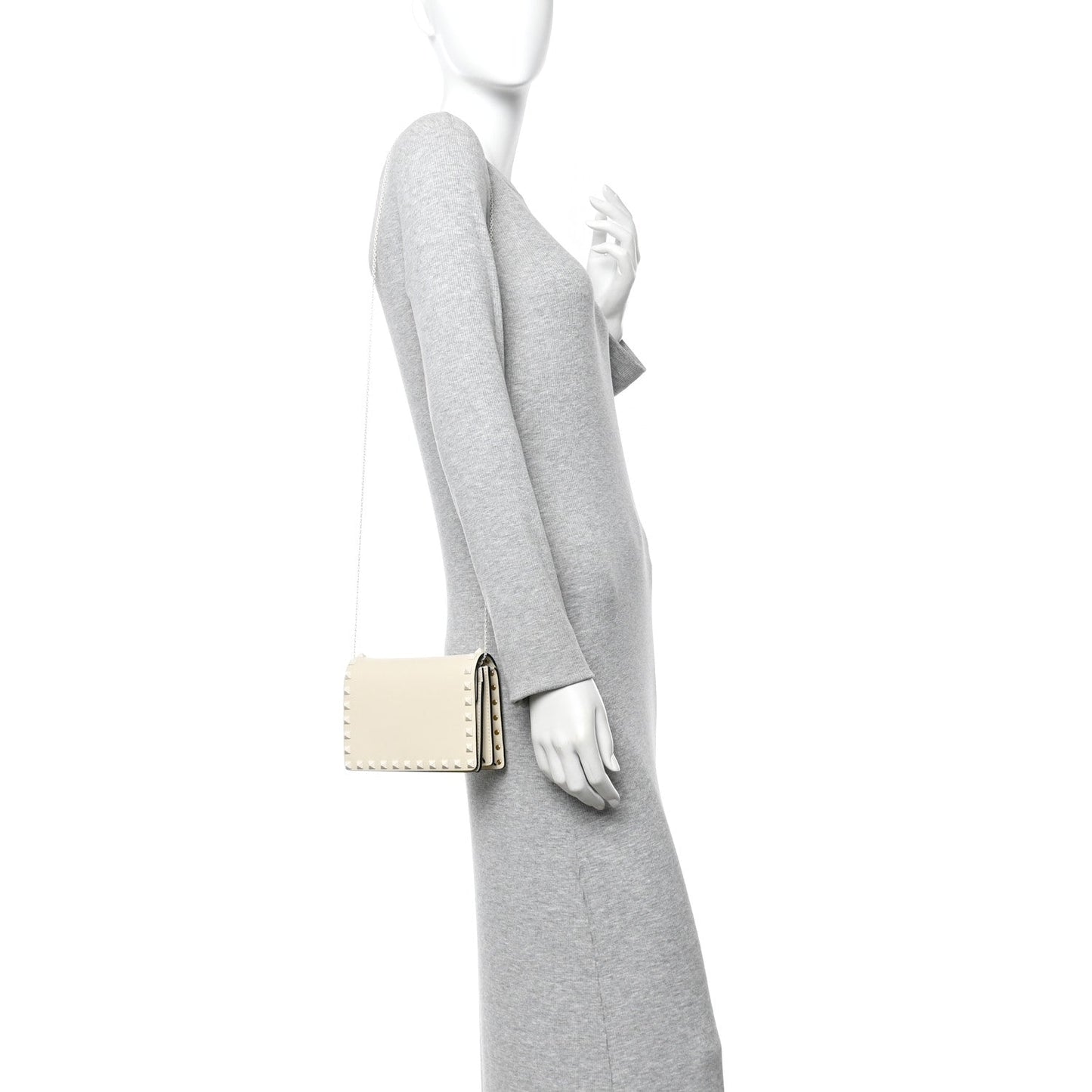Calfskin Lacquer Monochrome Rockstud Wallet On Chain Ivory